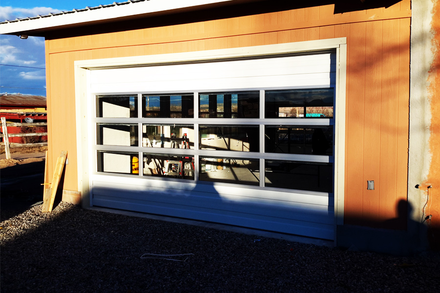 Custom automatic garage door interior with window panes
