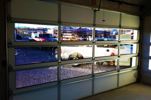 Custom automatic garage door interior with window panes