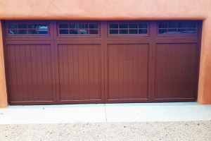 mahogany red stained wide garage door with windows