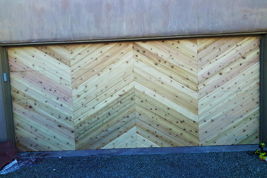 custom diagonal wood paneled garage door progress pic